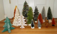 LOT OF 15 VTG ASSORTED CHRISTMAS TREES~4"-13"~MICA*GLITTER*BERRIES*FLOCKED+MORE