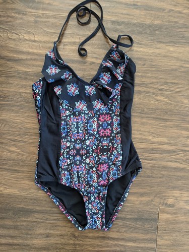 Worn Once Size 10 Ella Moss Girl Black One Piece Ruffle Swimsuit Swimwear Floral