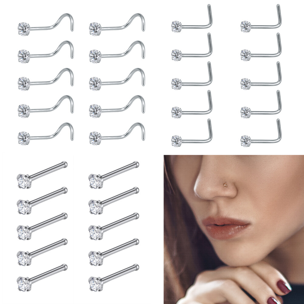 Juego de 10 pernos nasales de acero inoxidable 20G joyería corporal perforada de cristal