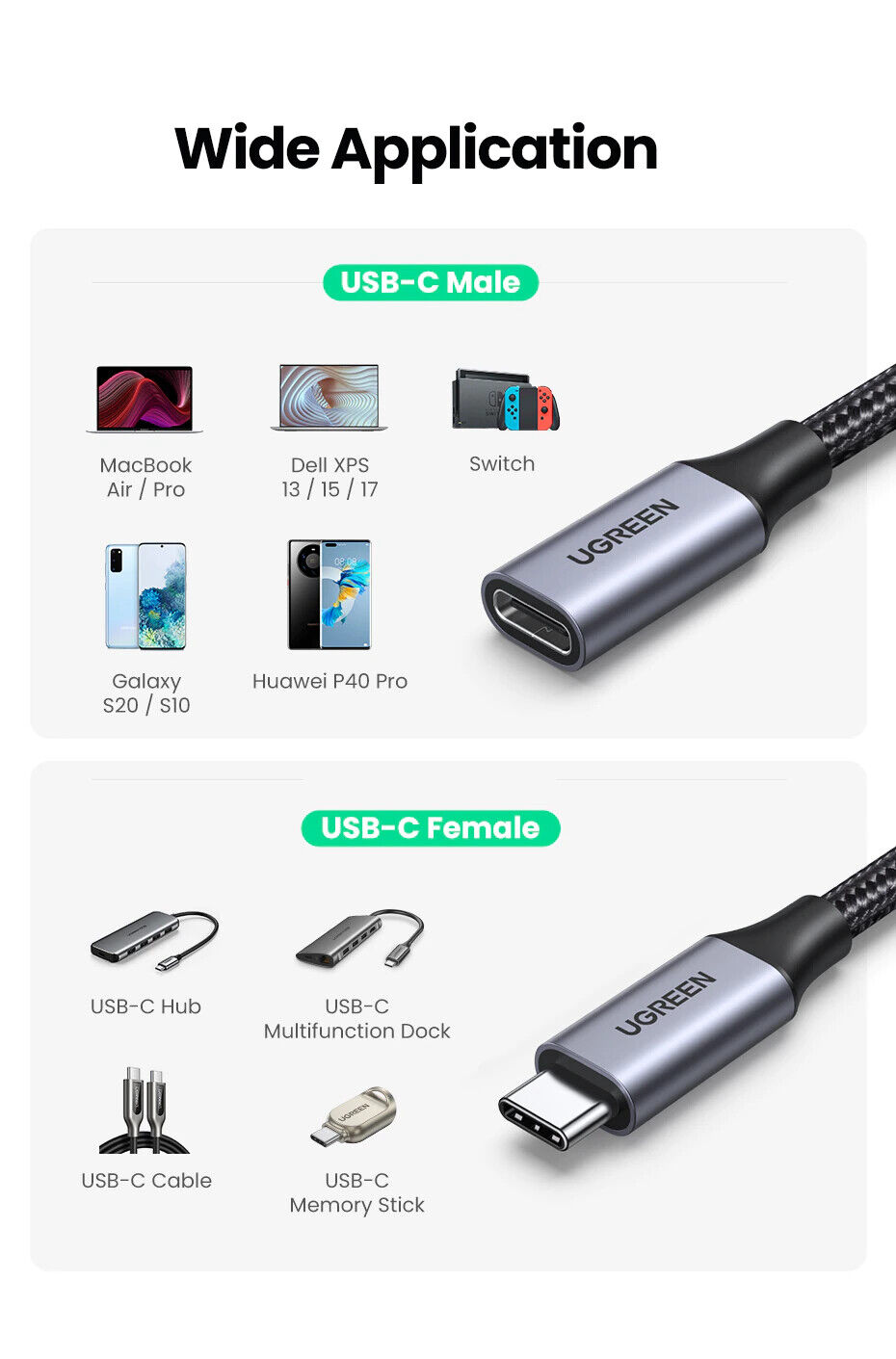 UGREEN USB C Extension Cable USB Type C 3.1 Gen 2 Male To Female