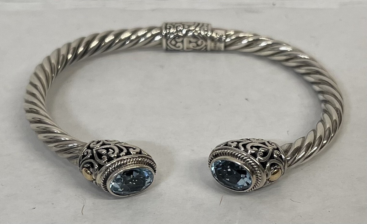 アクセサリー samulo bracelet SAMUEL B? Sterling Silver 14k Gold Blue Topaz-Cable Clamper