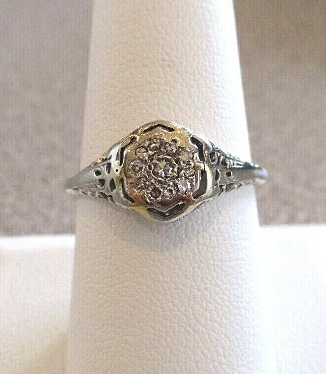 Art Deco 14K White Gold 11 Diamond Cluster Halo Engagement Ring Size 8.5