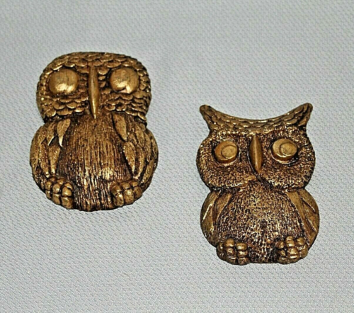 2 Vintage Mid Century Modern Carved Wood Gold  Owl Wall Hangings   - Picture 1 of 3