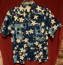 Vintage 70s Hukilau Fashions Shirt Mens Medium Hawaiian Camp Floral Blue EUC