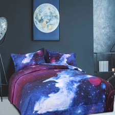 All-season Quilted Comforter Set Reversible Galaxies Dark Blue 2 Pillowcase