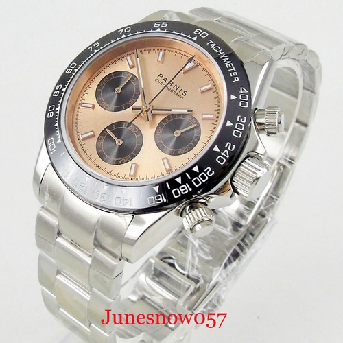 PARNIS 39mm Men's Quartz Watch Coffee Dial Chronograph Metal Strap Black Bezel
