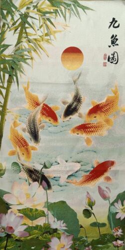 47" China Cloth Silk Embroidery Nine Cryprinus Carpiod Mural Painting Tapestry - Picture 1 of 7
