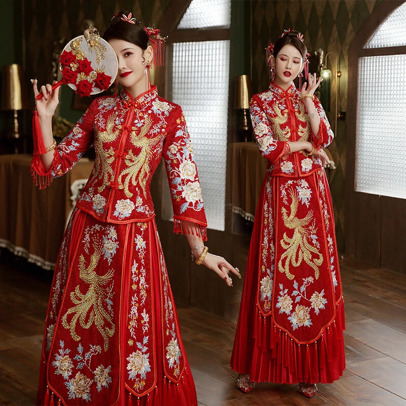 Chinese Wedding Dress Bride Wedding Xiuhe Dress Phoenix Embroidery Toast  Dress