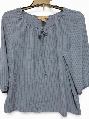 Olivia & Martin Blue Striped Tie Neck 3/4 Sleeve Blouse XL Polyester