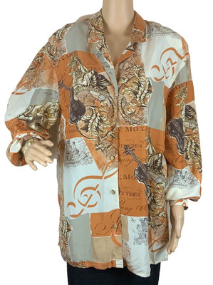August Silk Blouse Women Size Medium Artsy Musician Button Tunic 100% Silk