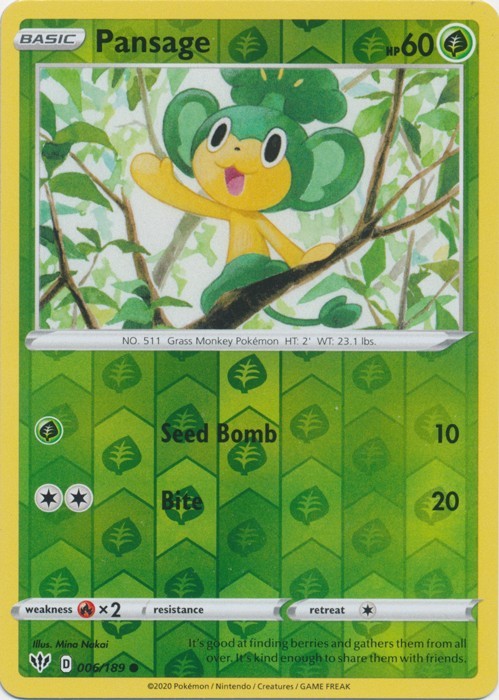Pansage 006/189 Common Darkness Ablaze Pokemon Reverse Holo Near Mint