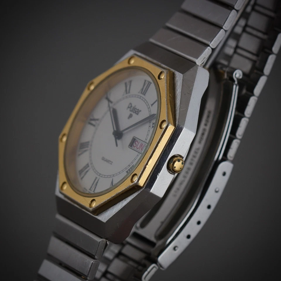 🇯🇵 Reloj De Colección Clásico Años 80 Pulsar Seiko ROYAL OAK Dorado Acero Inoxidable 36mm Foto 3 de 4