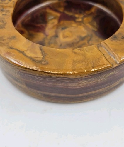 Natural Onyx Stone Vintage Cigarette Ashtray Chunky Round 5" 3 Slots Retro Brown - Picture 8 of 13