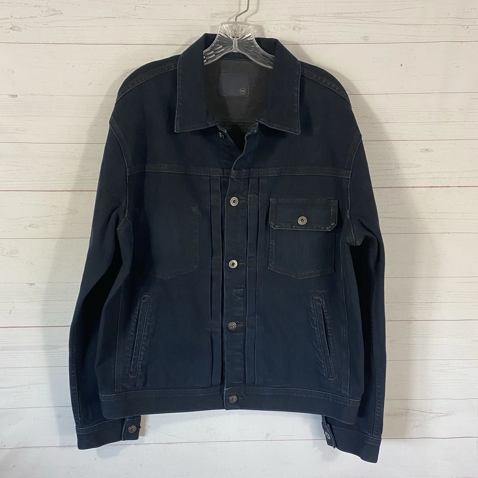 AG Mens Denim Trucker Jacket Sz M Blue Stretch Pockets Relaxed Oversized NWOT