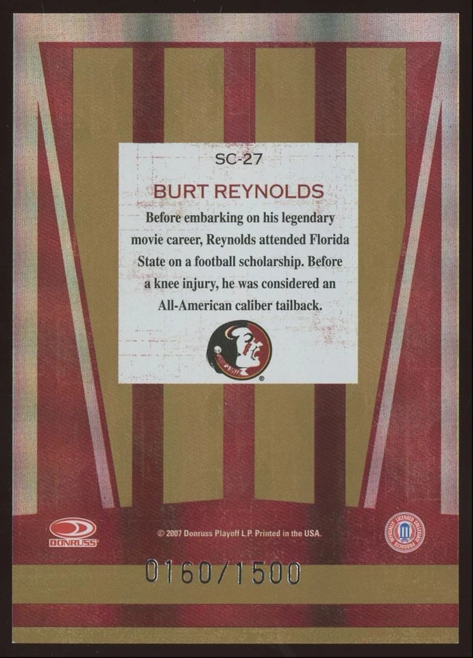 Burt Reynolds #SC-27 2007 Donruss Elite Extra Edition School Colors A /1500 - Image 2 of 3