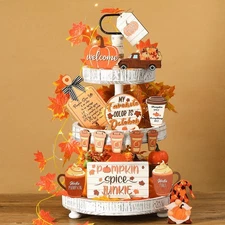 Set of 15 Fall Tiered Tray Decor Pumpkins Farmhouse Autumn Bright Color