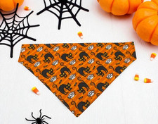 Halloween Dog Bandana Black Cat Bats Orange Black OVER THE COLLAR Slide on Scarf