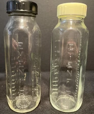 Set of 2 Vintage 1960s EVENFLO Baby Glass Bottle 8oz. with Cap & Lid Embossed