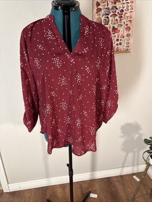 Lush Geometric Print V-Neck Blouse Burgundy White Long Sleeve Plus Size L boho