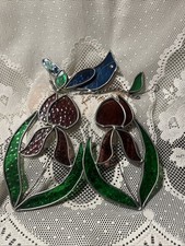 VINTAGE LOT 3 STAINED GLASS SUNCATCHERS BLUE JAY BIRD FLOWERS IRIS WALL ART