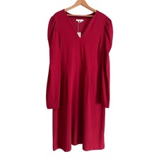 Boden Jersey Dress Red Puff Sleeve V Neck Mini Long Sleeve Pockets Cocktail