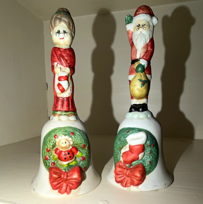Ceramic Hand Painted Christmas Bell Ornaments, Santa & Mrs Claus, Multicolor 2pk