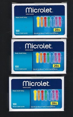3 boxes Microlet 100 Silicone Coated Colored Lancets 28 Gauge Expires 11/30/30