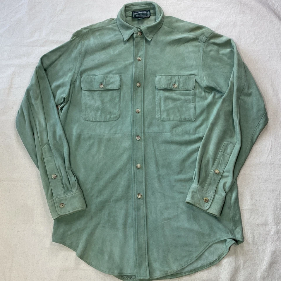 De Colección Polo Country Ralph Lauren Cuero Gamuza Camisa Verde Salvia Western Wear Talla M Foto 3 de 4