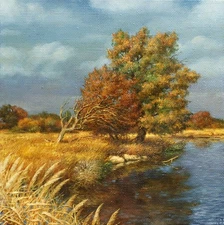 Oil Painting Canvas Autumn Landscape Stretched Original Art Clouds Forest River