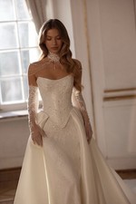 Beaded Lace Corset Wedding Dress, Basque Waist Satin Gown, Necklace Included
