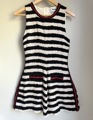 MSGM Milano Striped Cotton Tweed Mini Dress In Nerobianco Italy Summer Sz M