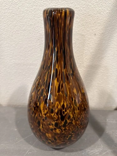 Hand Blown Tortoiseshell Art Glass Vase Amber Brown Murano Style Vintage 11-3/4”