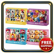 Kids 4 Pack 100 Piece Puzzles with Dogs Cats Flowers Donuts