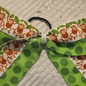 Girls Green Polka Dot Monkey Print Grosgrain Ribbon Hair Bow w/ Elastic