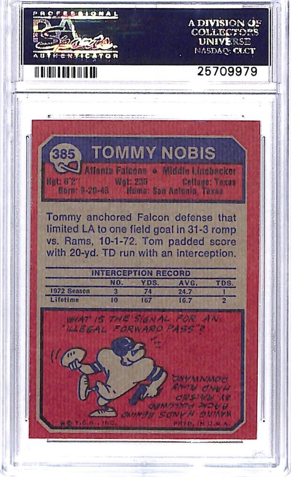 1973 Topps #385 Tommy Nobis Atlanta Falcons Football Card PSA 9 MINT ID:45162 - Image 2 of 2