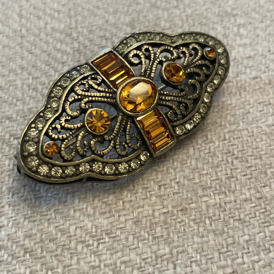 Broche Vintage Tono Dorado Filigrana Ámbar Cristal Art Deco Inspirado Victoriano Foto 2 de 4