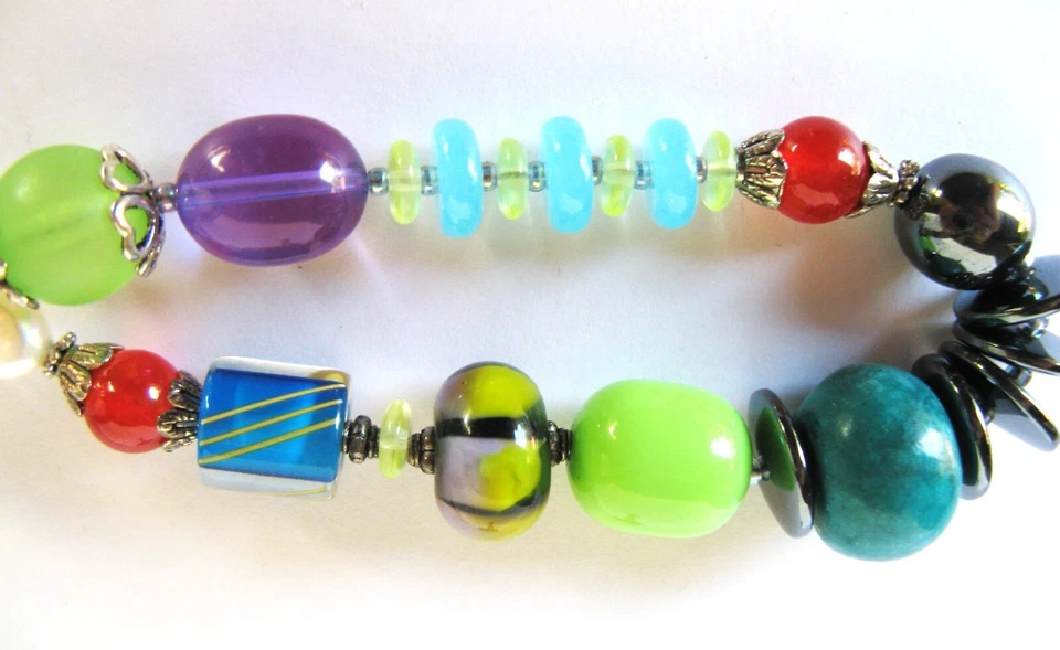 🐸Handcrafted Beaded Chunky Statement Necklace Blown Glass, Turquoise Jade VTG - Image 4 of 4