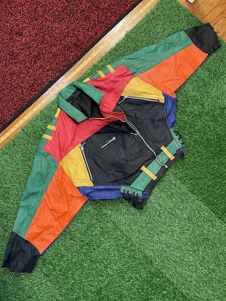 Винтажный WMNS кожи укороченный куртка маленький - хип-хоп T.L.C - 80-х / 90-х COLORBLOCK * РЕДКАЯ * - Изображение 4 из 4