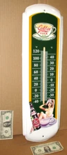 GOLDEN COLA - SUN DROP Pretty Girl in a Coffee Cup BIG THERMOMETER SIGN Few Made