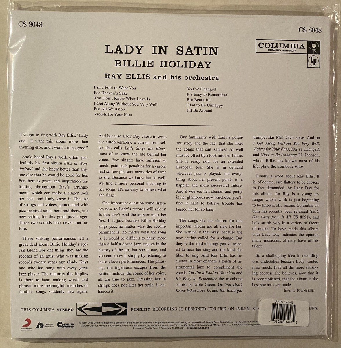BILLIE HOLIDAY Lady In Satin Ray Ellis 45 rpm 180 gram vinyl