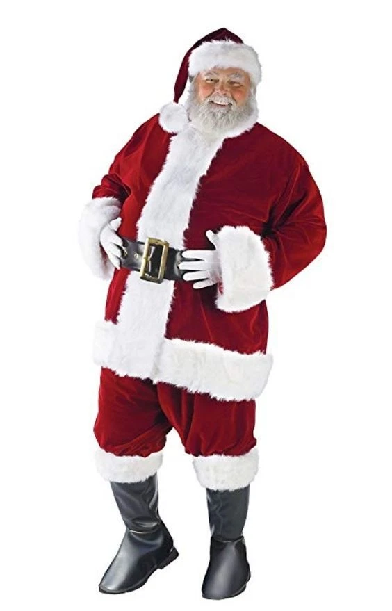 Xmas red velvet suit with a flared front is piped with a gold panel down  the front to highlight the buttons is done in polar bear fur. - Pro Santa  Shop