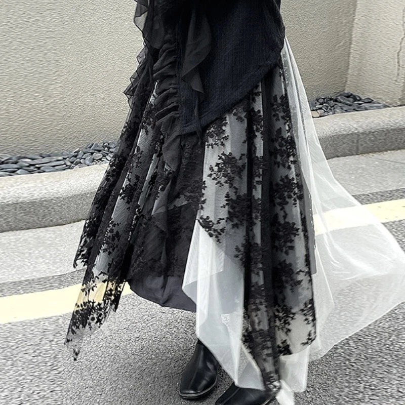 Japanese Women fashion High Waist Mesh Irregular Skirt Casual