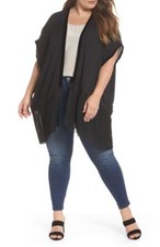Lost Ink Pleated Hem Velvet Trim Kimono Black Size 24 Bnwt