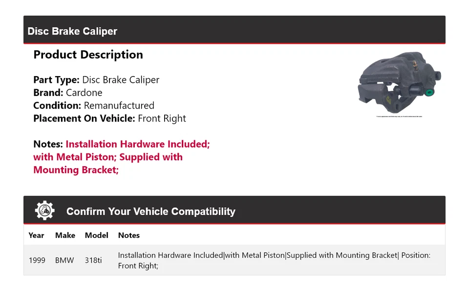 Суппорт переднего правого дискового тормоза кардон для 1999 BMW 318ti - Изображение 2 из 4