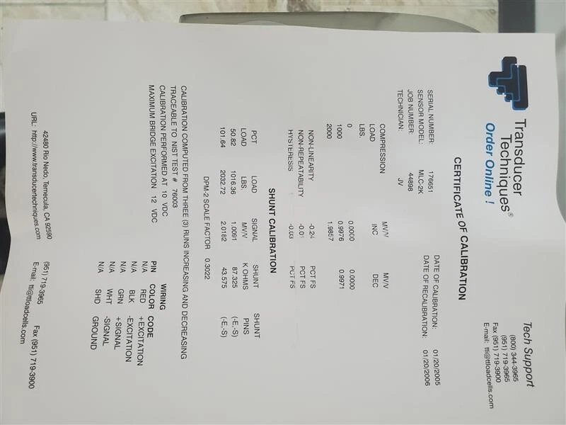 Transducer Techniques MLC-2K  2000Lb Load Cell Sensor - Image 2 of 4