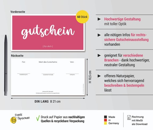 Frank Paperman® | Gutschein für Kunden | Magenta | 5/60/120 Stück | DIN lang - Picture 4 of 37