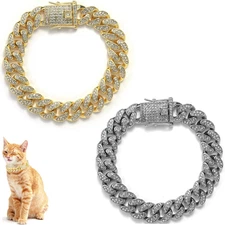 Cat Chain Collar, 2 Pcs Diamond Cuban Link Kitten Walking golden silvery