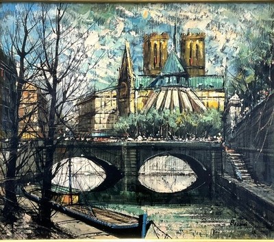 Luigi Bassini Oil Painting Paris Seine River Notre Dame Landscape