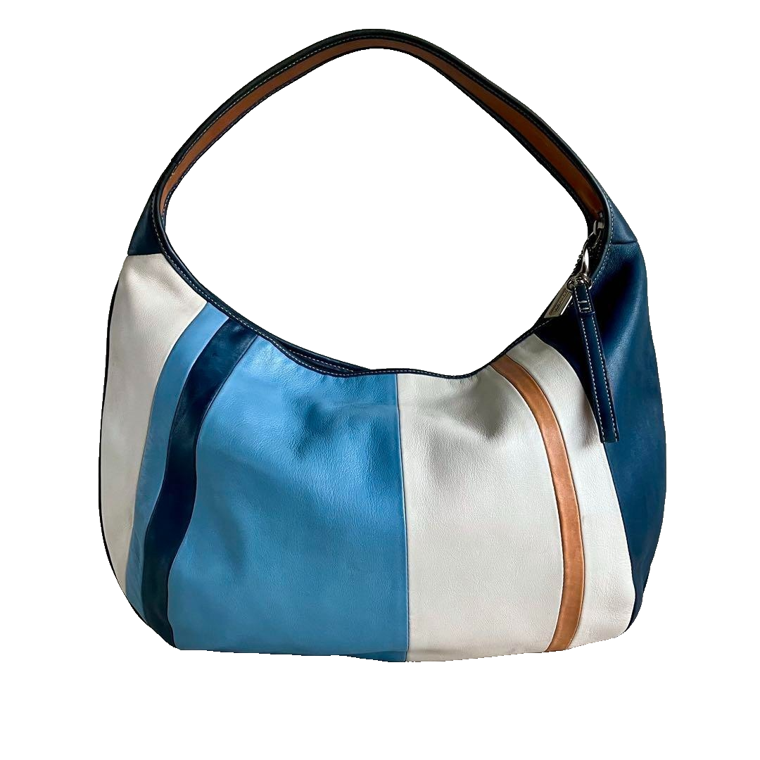 バッグ Vintage Coach Hobo Ergo Blue Rare y2k Coach Vintage Ergo Hobo Bag Leather Stripe Sky Blue Tan