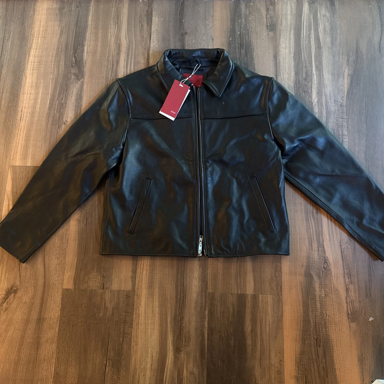Mutimer Men's Black Leather Full-Zip Jacket, Point Collar, Size L, NEW with tags - product detail image 1